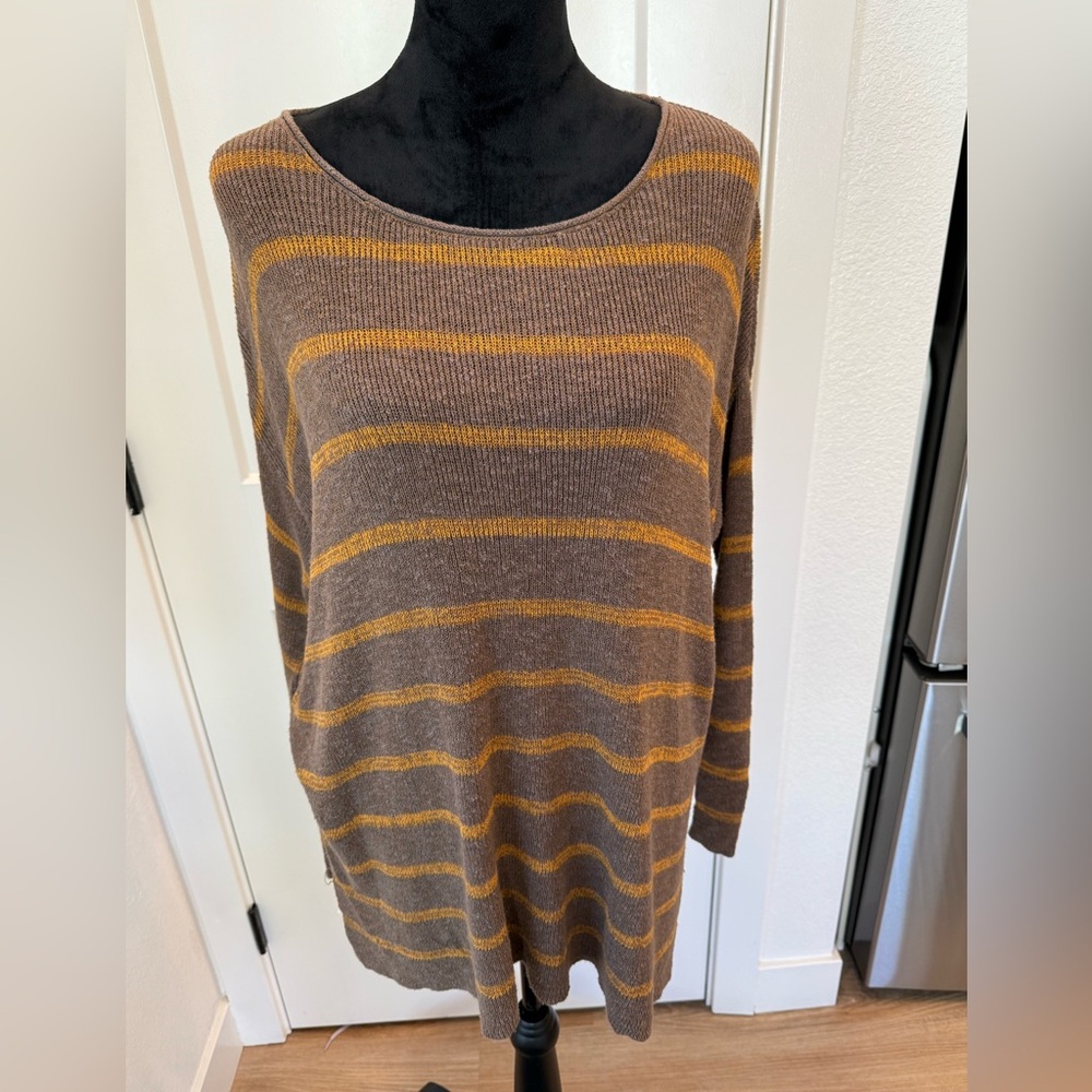 Free People Oversized Striped Knit Sweater Brown Mustard XS Slouchy Tunic